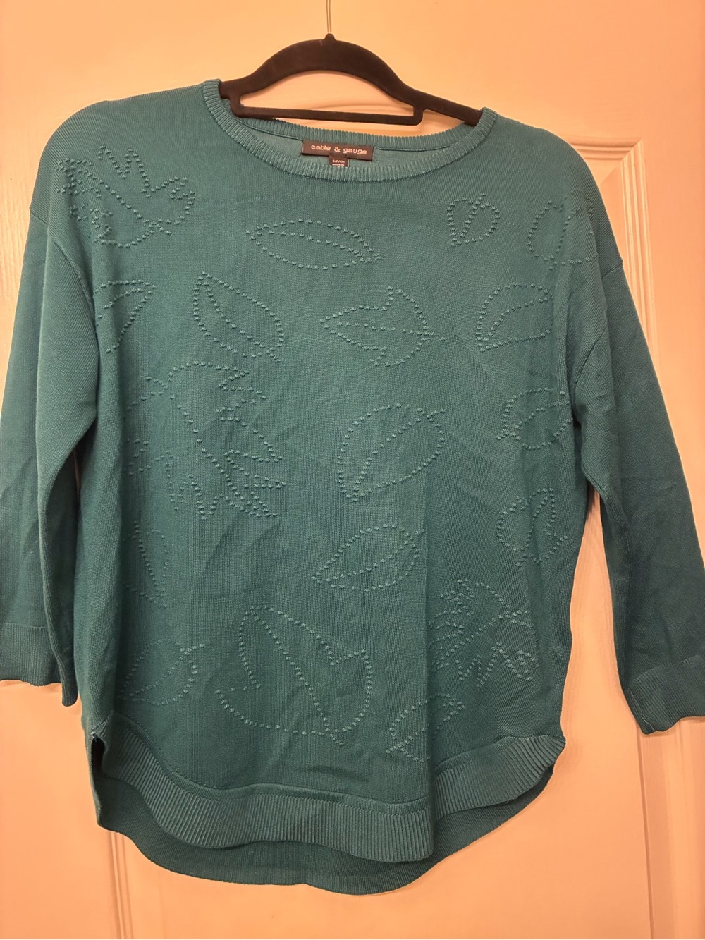 Cable & Gauge Teal Knit Crewneck Sweater with Subtle Leaf Texture